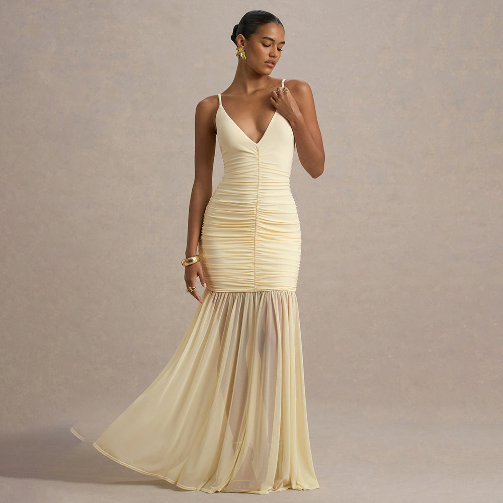 Elegant Straps Tulle Dress Sexy Deep V Plunge Pleated Stitched Backless Maxi Dress by Ragazza