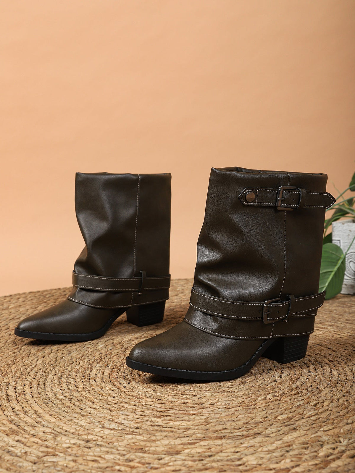 Medium Straight Pants Pipe Boots Women Autumn Winter Simple Big Tube Circumference Thick Heel Pointed Boots DestGlow