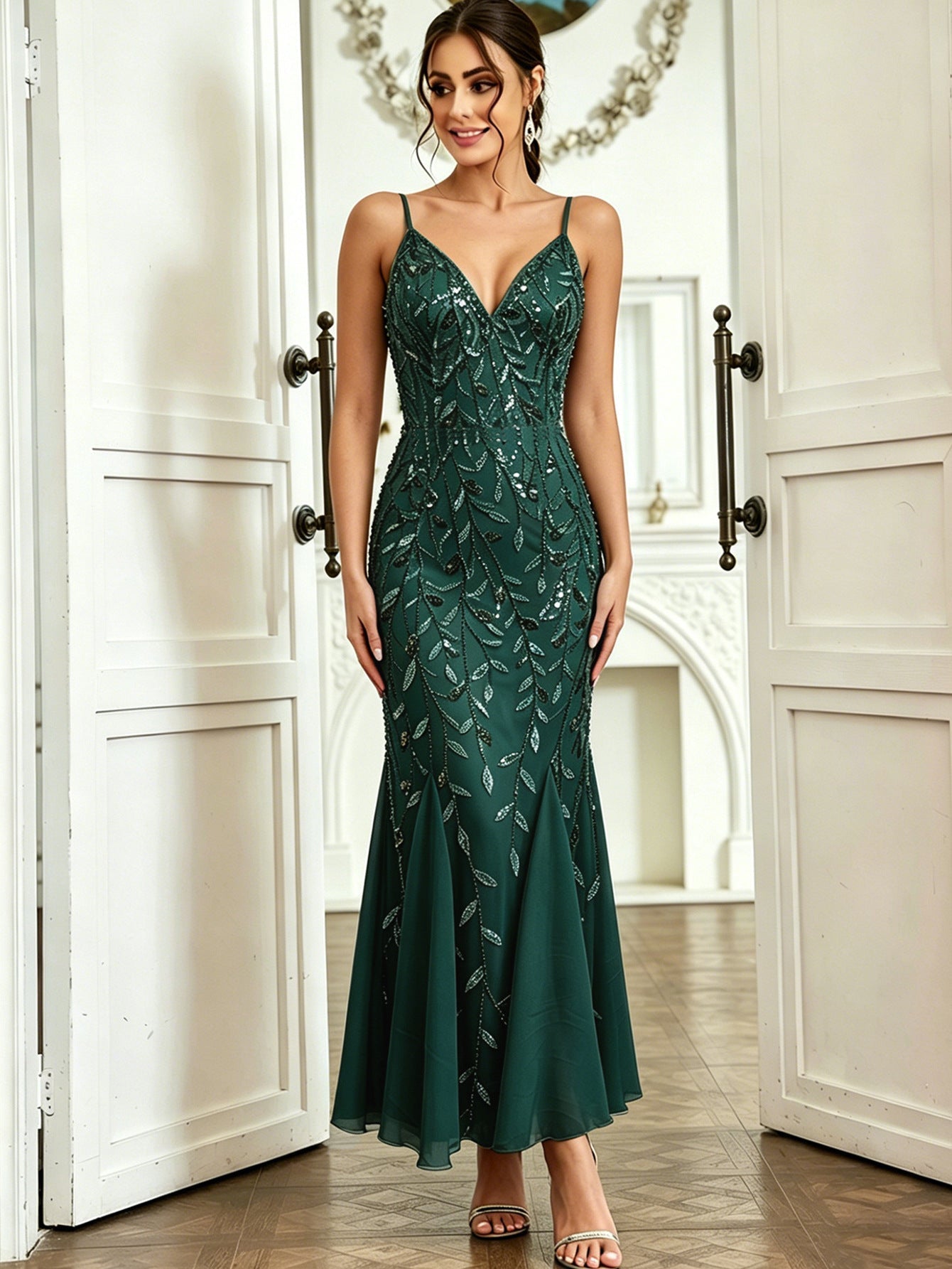 Women Clothing Party Evening Dress Sexy Chiffon Stitching Sequ Dress DestGlow