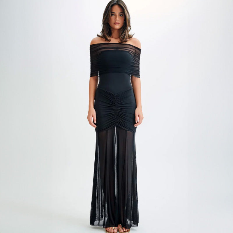 Women Clothing Autumn Tube Top Pleated Mesh Slim Fit Patchwork Dress Two Piece Set by Ragazza