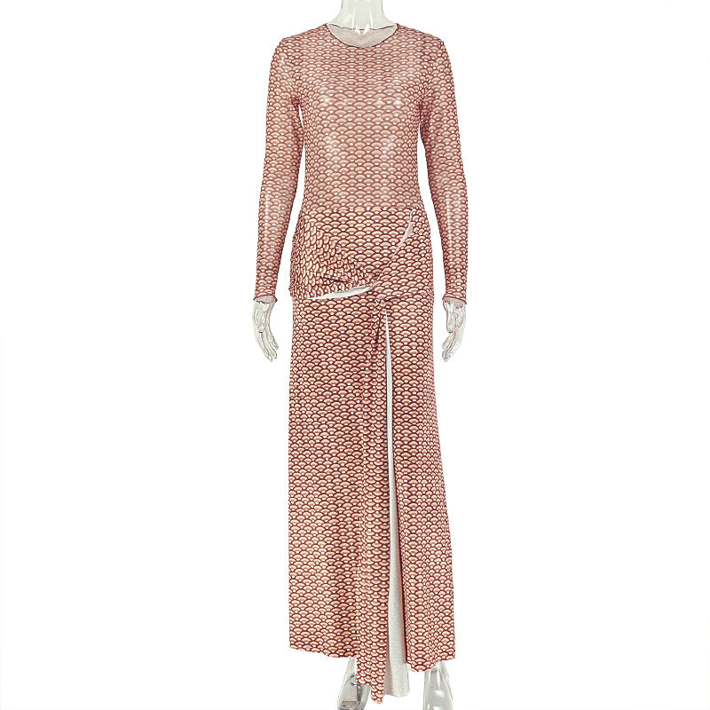 Women Pleated Strap Printing A line Dress round Neck Long Sleeve Casual Holiday Dress by Ragazza