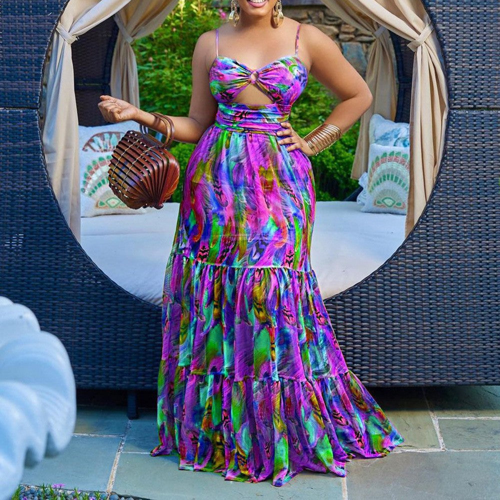 Summer Women Clothing Sexy Strap Dress Printed Sleeveless Backless Maxi Dress by Ragazza