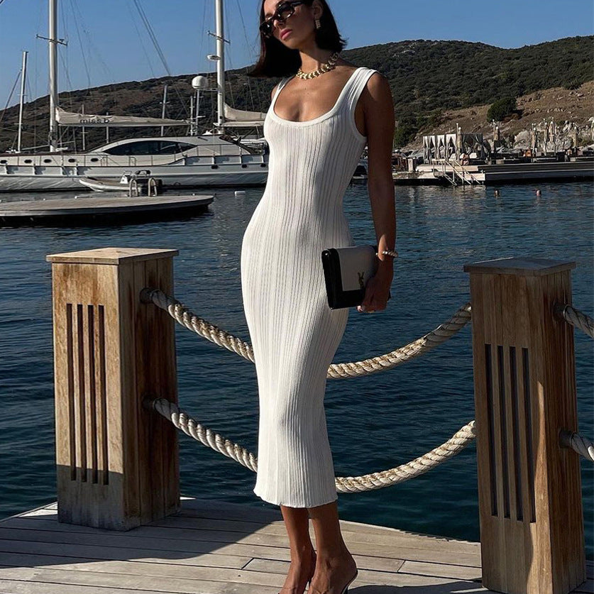 Sunken Stripe Tight Square Collar Dress Sleeveless Tight Fitting Solid Color Summer Sexy Mid Length Knitted Dress DestGlow