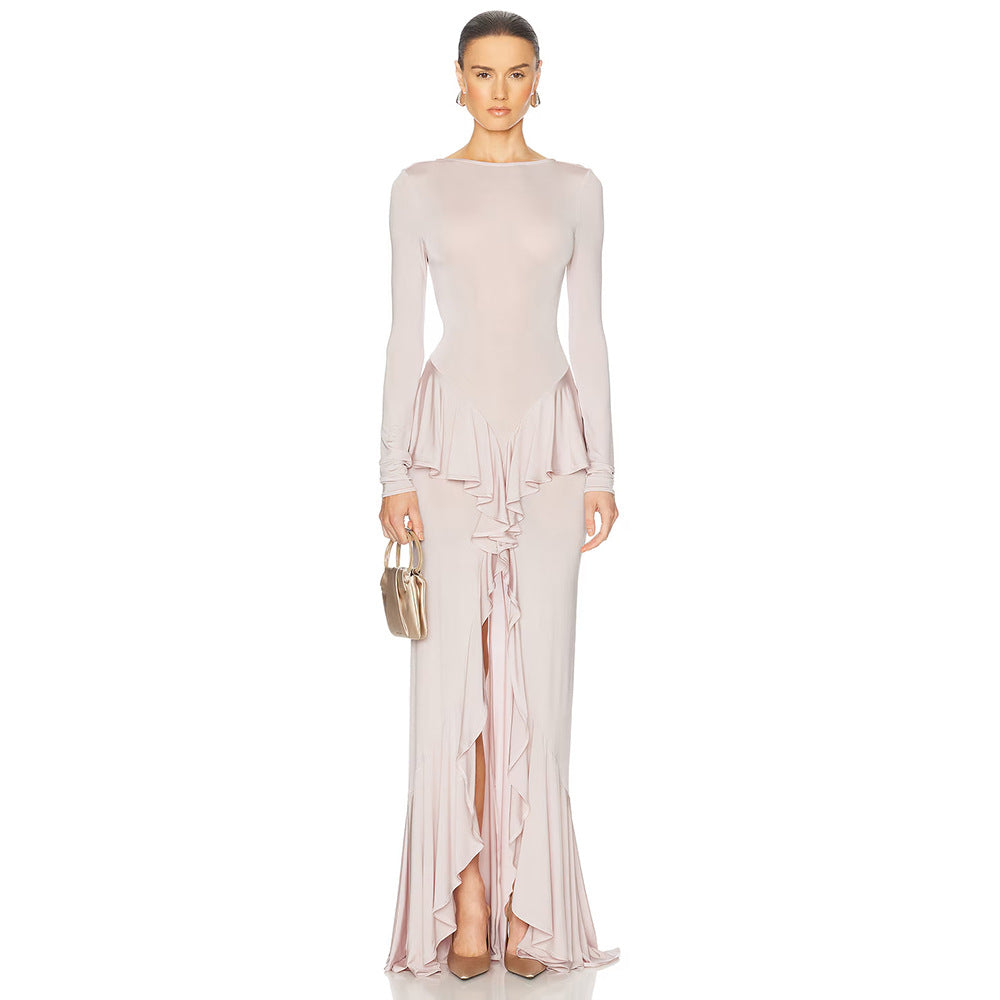 Spring Summer Sexy Backless Women Dress Elegant Ruffles Slit Slim Fitting Dress by Ragazza