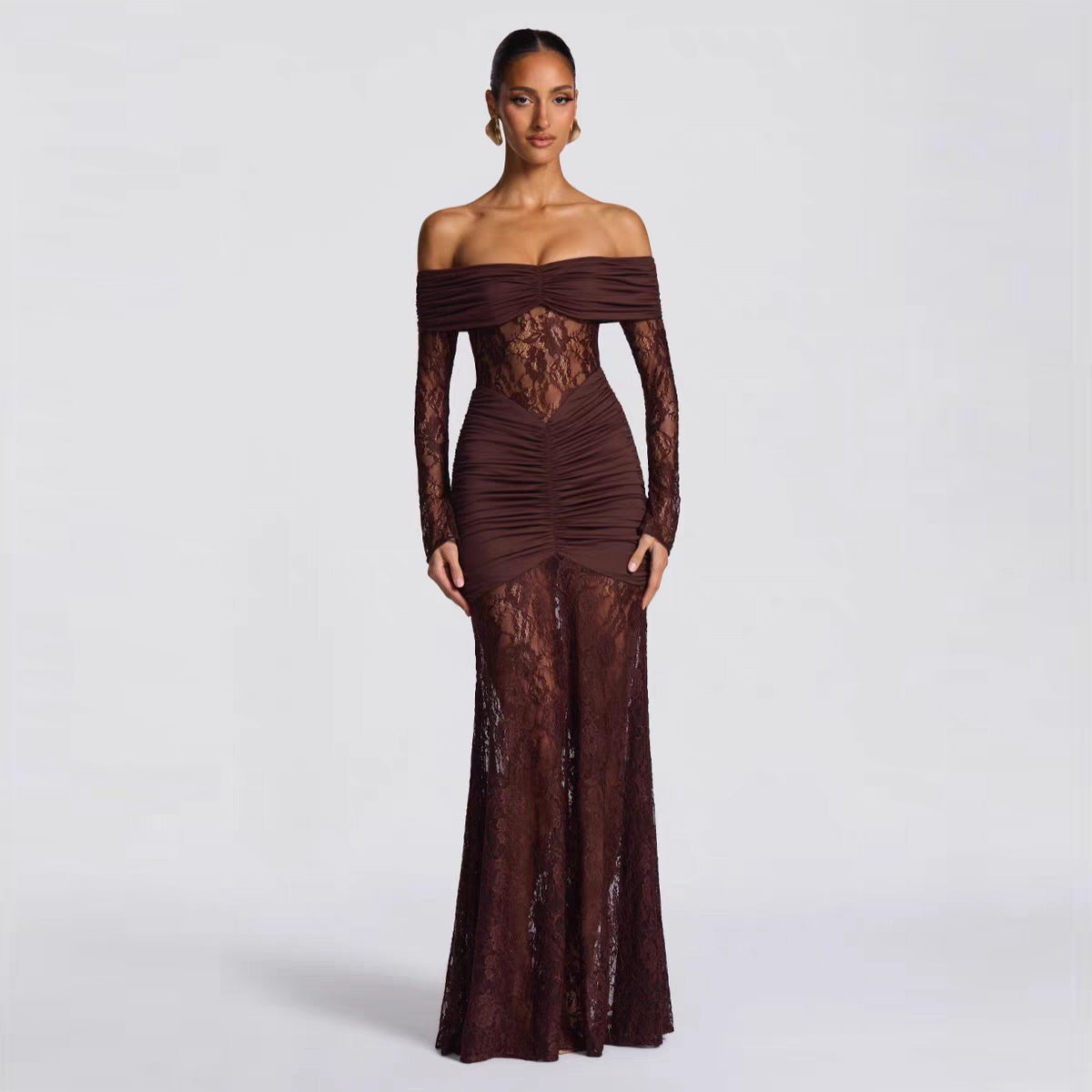 Autumn Elegant Lace Stitching off Shoulder Long Sleeve Narrow Dress Maxi Dress Women Evening Dress by Ragazza
