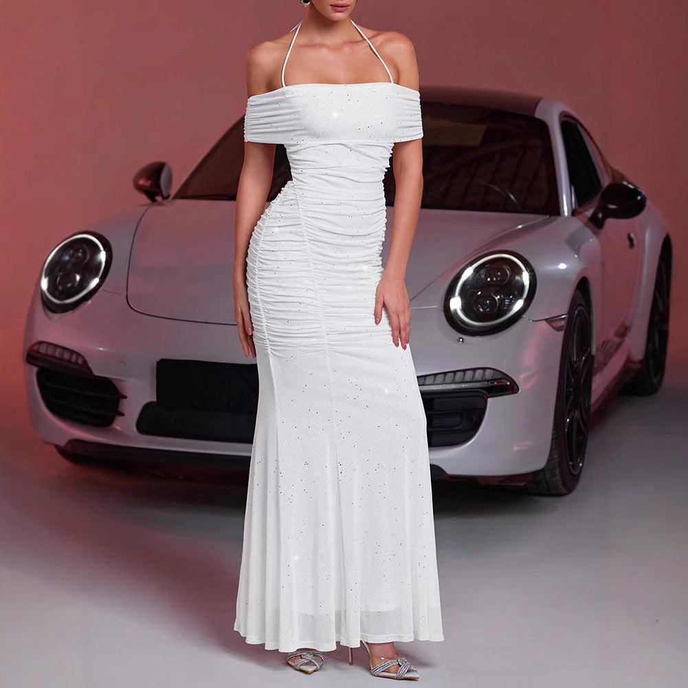 Summer Women Clothing Fashionable Elegant Dress Mesh Silver-Sprinkling off Shoulder Sleeveless Dress by Ragazza