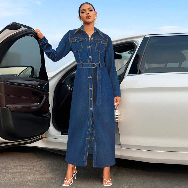 Women Clothing Denim Collared Cardigan Button Long Sleeve Long Coat Dress DestGlow