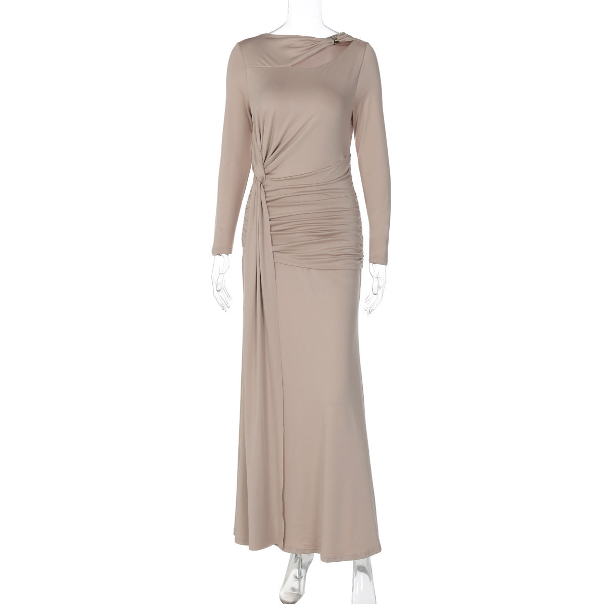 French Women Clothing Autumn Slim Pleated Waist Tight Irregular Asymmetric Long Sleeve Dress by Ragazza