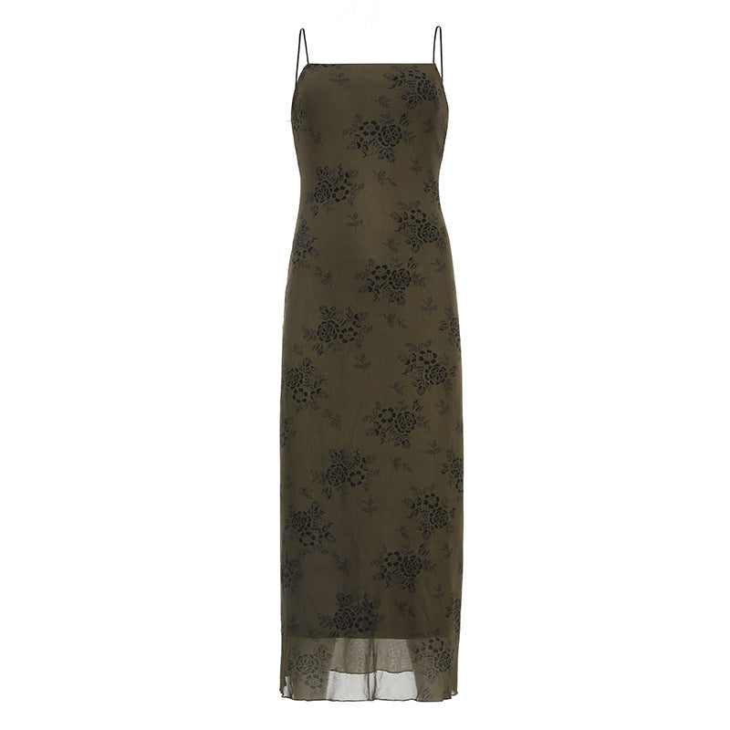 French Retro Elegant Adult Lady Woman Floral Print Maxi Dress Mesh Wooden Ear Off Neck Slim Strap Long One Step Dress by Ragazza