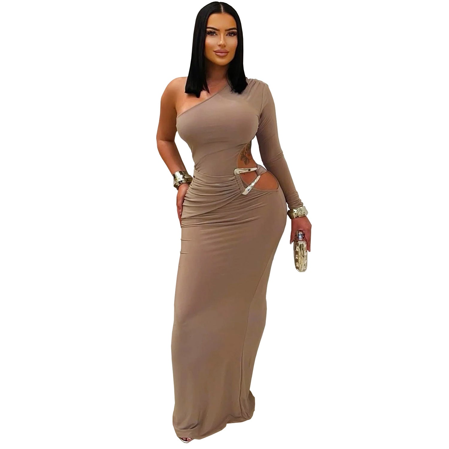 Women Wear Sexy Oblique Shoulder Single Sleeve Slim Fit Solid Color Dress by Ragazza