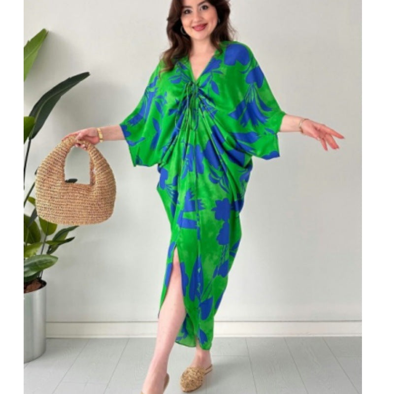 Loose Batwing Sleeve Casual Printing Drawstring Irregular Asymmetric Women Dress by Ragazza