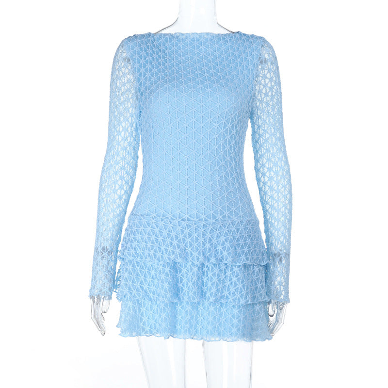 Round Neck Lace Stitching Sexy Sheer Long Sleeve Dress Women Tiered Dress by Ragazza