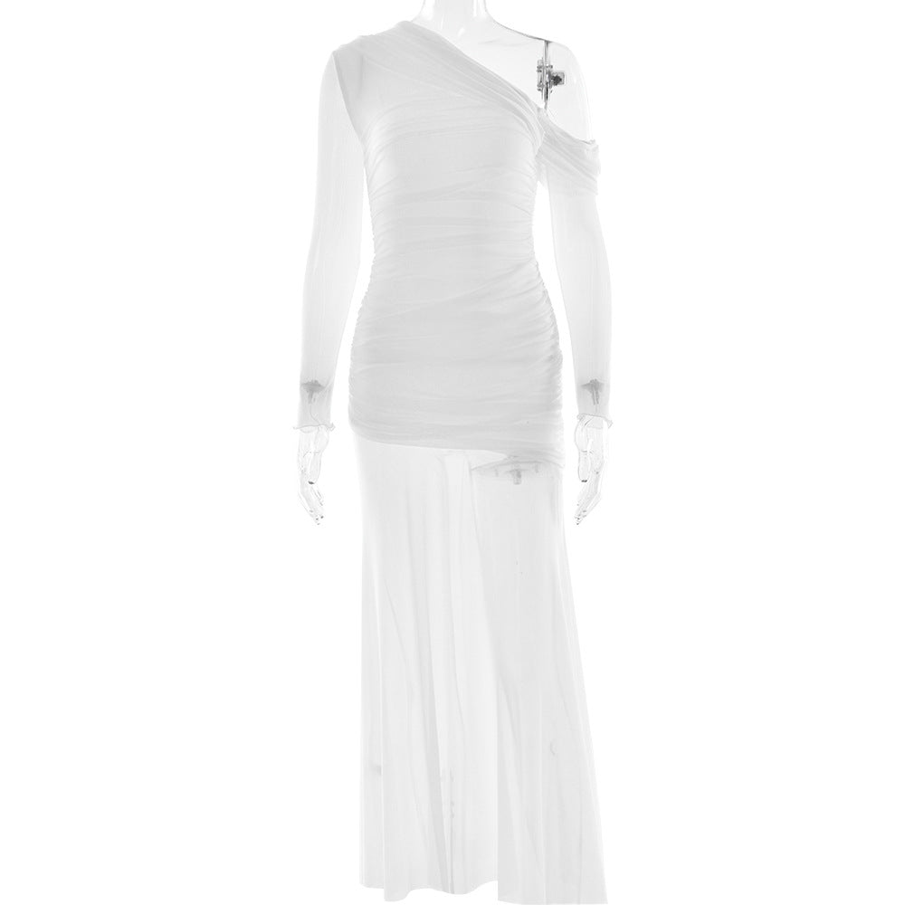 Women Dress Mesh Stitching Pleated Solid Color Long Sleeve Slim Fit Maxi Dress by Ragazza