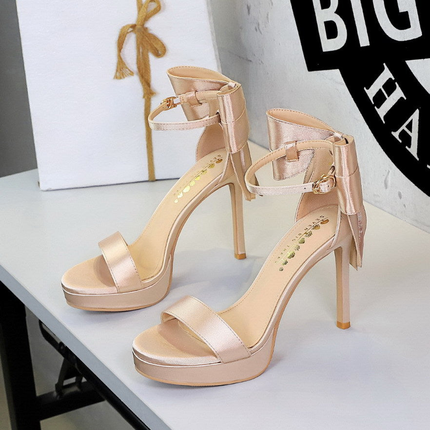 French Super High Heel Open Toe Platform with Back Big Bow Satin Outdoor Sandals Women DestGlow