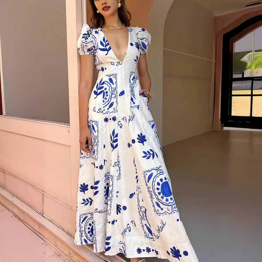 Low Cut V Neck Printed Puff Sleeve Large Swing Cotton Linen Dress by Ragazza