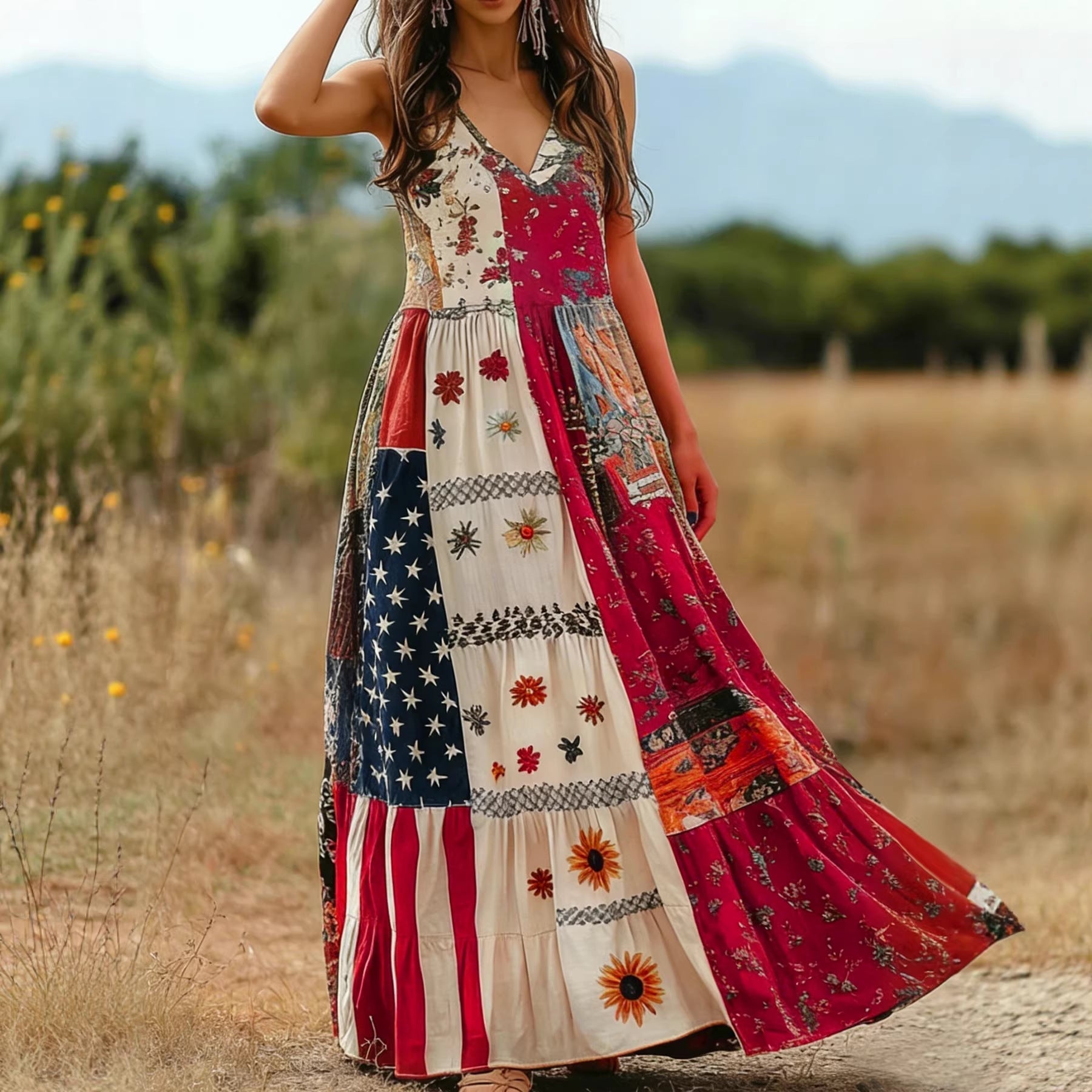 Retro Star Stripes Stitching Bohemian Dress Women Summer V neck Swing Vacation Dress DestGlow