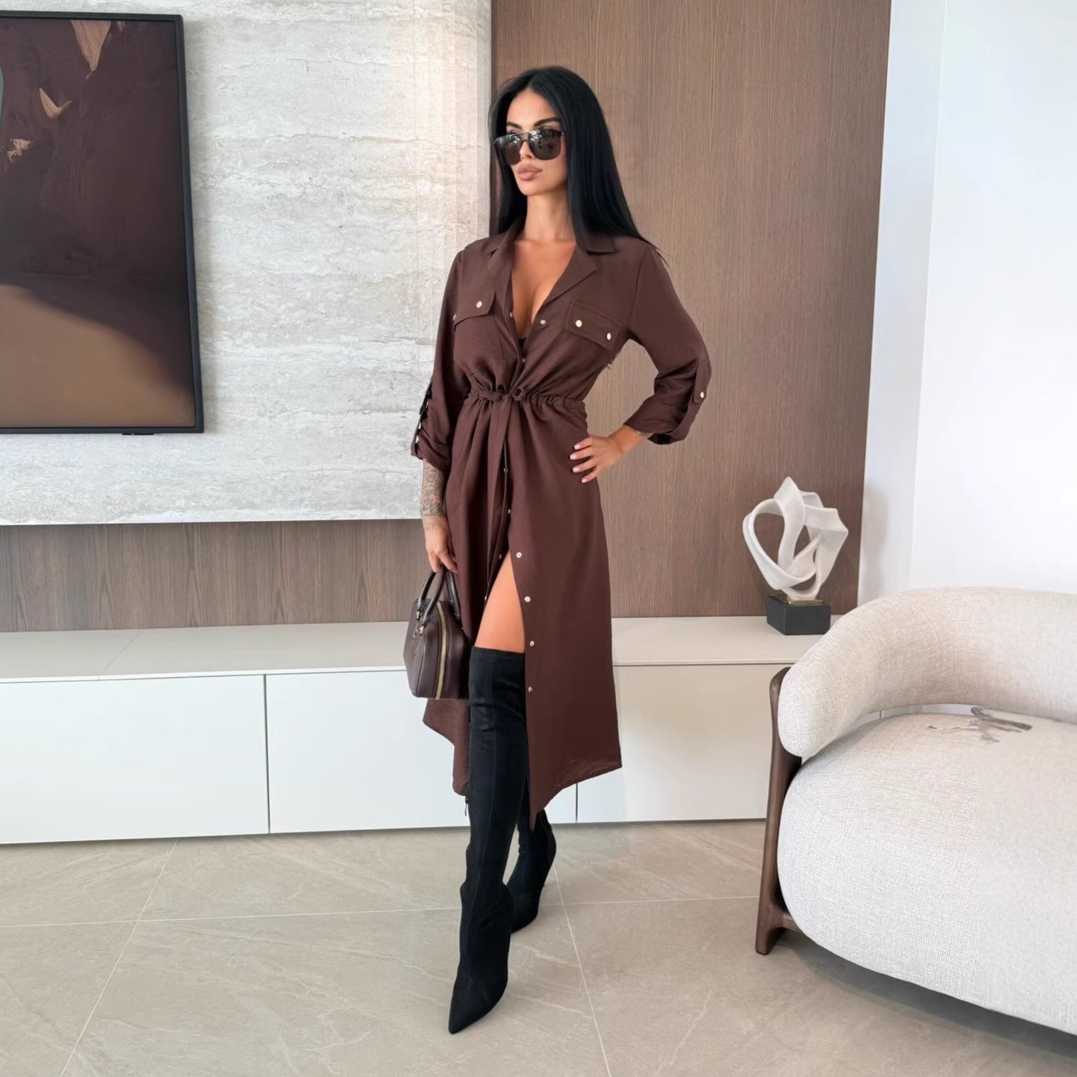 Women Clothing Spring Summer Popular Solid Color Long Sleeve Single Dress by Ragazza