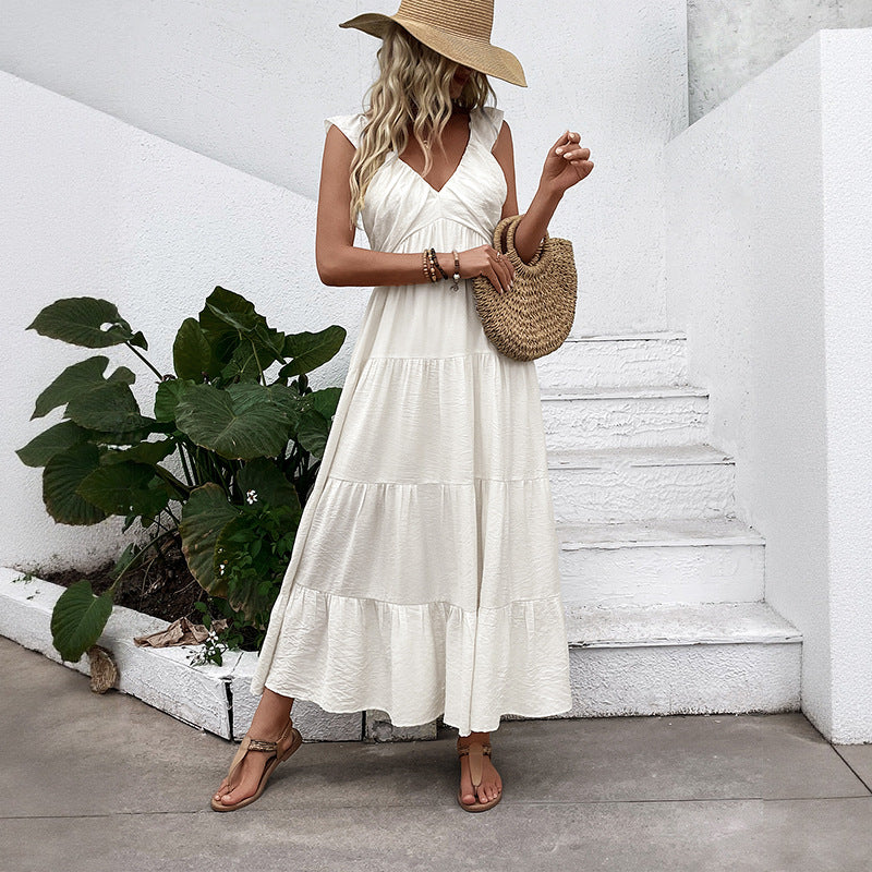 Casual Simple Sleeveless V neck Vacation Dress White Dress by Ragazza