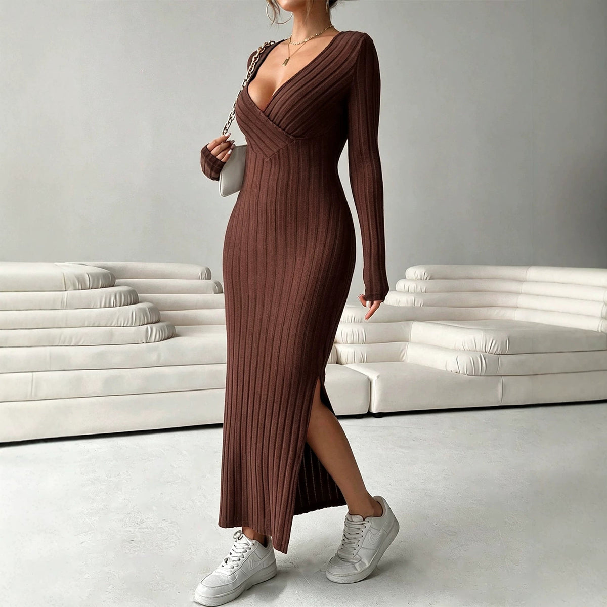 Autumn Winter Deep V Plunge neck Knitted Dress Women Long Sleeved Waist Slimming Slit Sheath Dress DestGlow