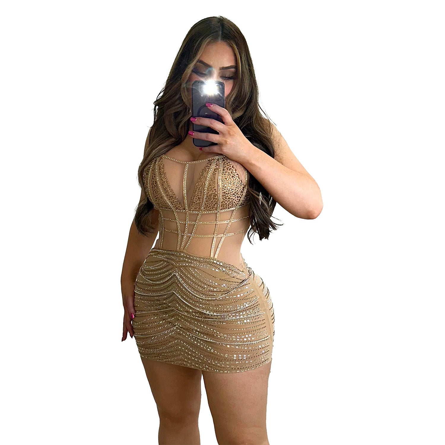 Women Wear Solid Color Spaghetti Straps Sleeveless Mesh Drilling Dress by Ragazza