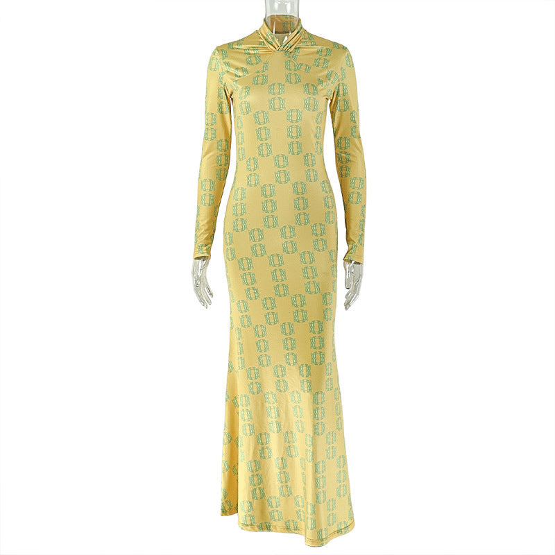 Retro Home Women Slim Fit Printed Hip Dress Pleated Turtleneck Long Sleeve Dress by Ragazza
