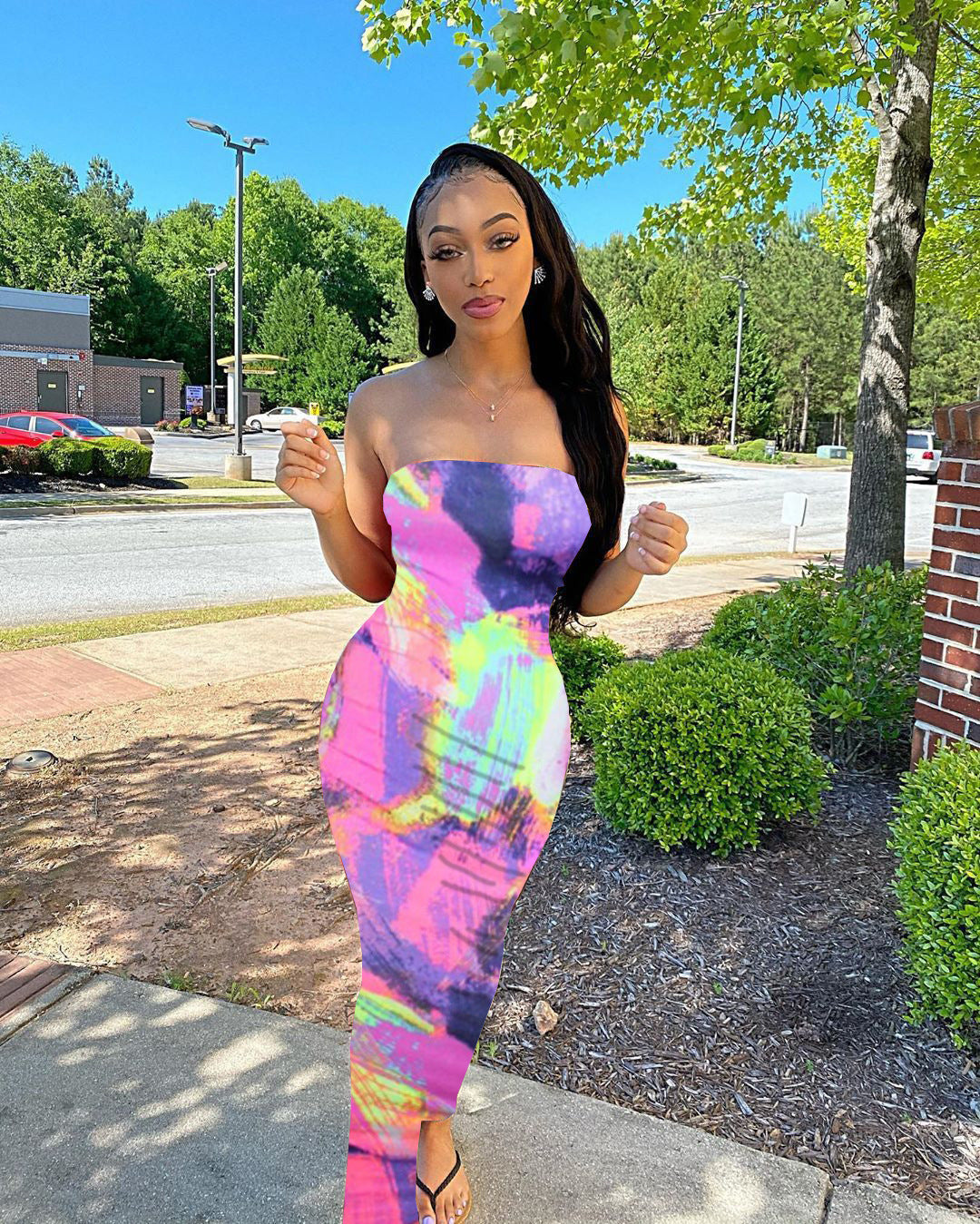 Women Clothing Spring Summer Colorful Tie Dye off Shoulder Tube Top Dress by Ragazza