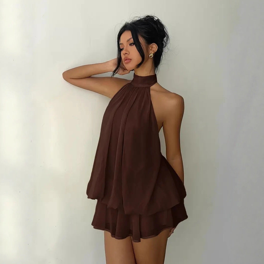 Vacation Figure Flattering Fashionable Sexy Backless Halter Lace Up Waist Trimming Solid Color Dress DestGlow