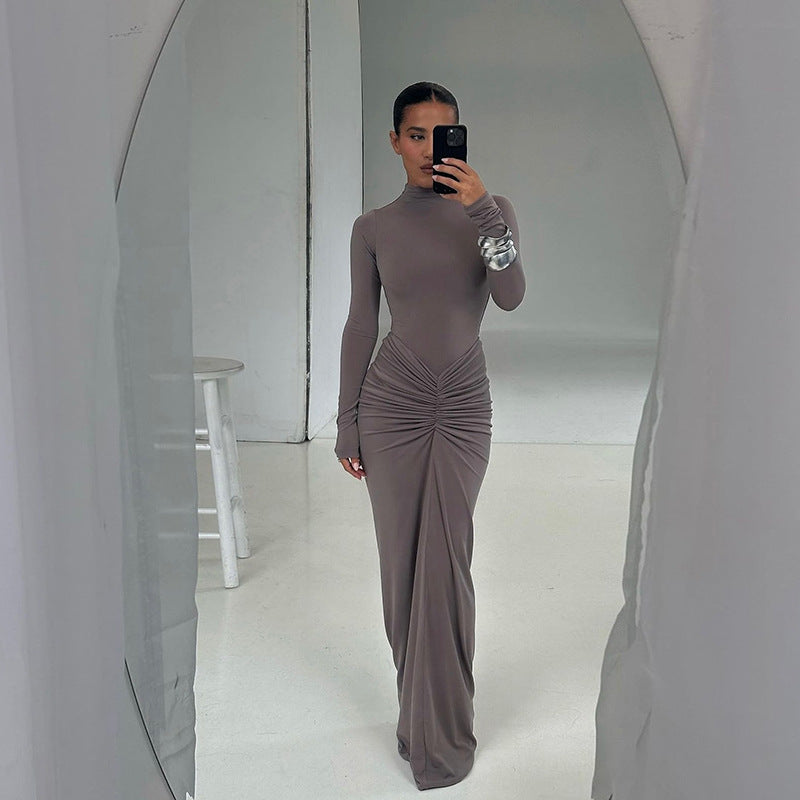 Autumn Winter Sexy Slimming Beam Waist Solid Color Maxi Dress Pleated Dress Women DestGlow