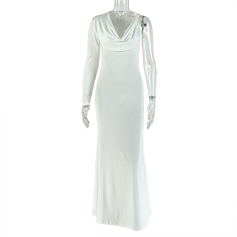 Women Clothing Pleated Solid Color Slim Fit One Step Hip Dress Swing Collar Long Sleeve One Shoulder Maxi Dress by Ragazza