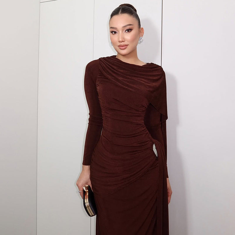 Autumn Winter Slim Fitted Waist Pleated Ribbon Solid Color Maxi Dress by Ragazza