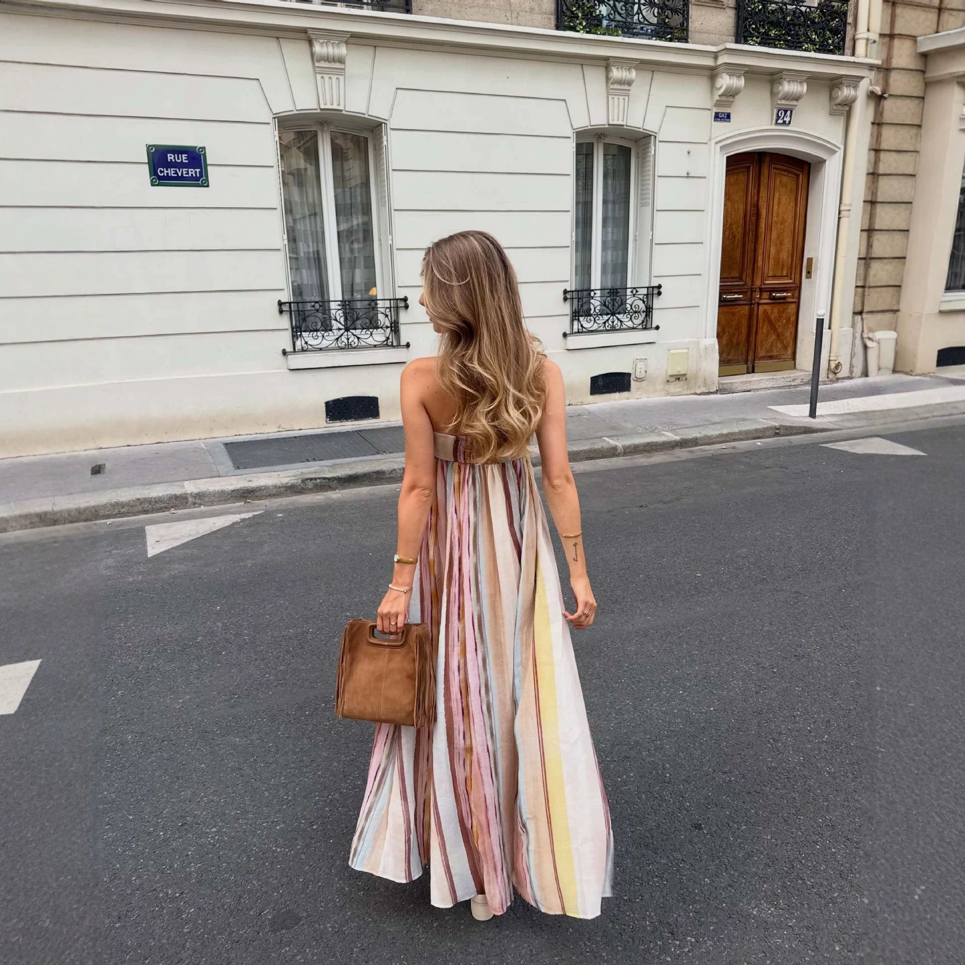 Dress Color Striped Printing Sexy Bandeau Pleated Large Swing Maxi Dress DestGlow