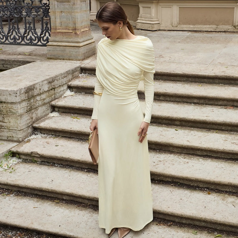 Women Clothing Autumn Fashionable Elegant Slim Fit Crumpled Irregular Asymmetric Solid Color Long Sleeved Dress