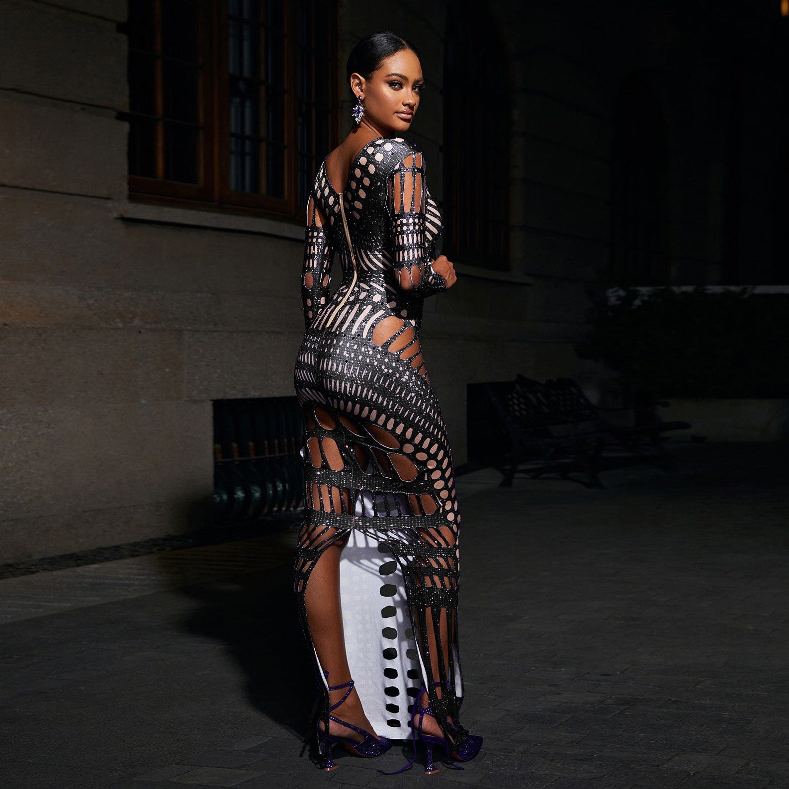 Women Clothing Sexy Ripped Skinny Sheath Dress Rhinestone Printed Dress by Ragazza