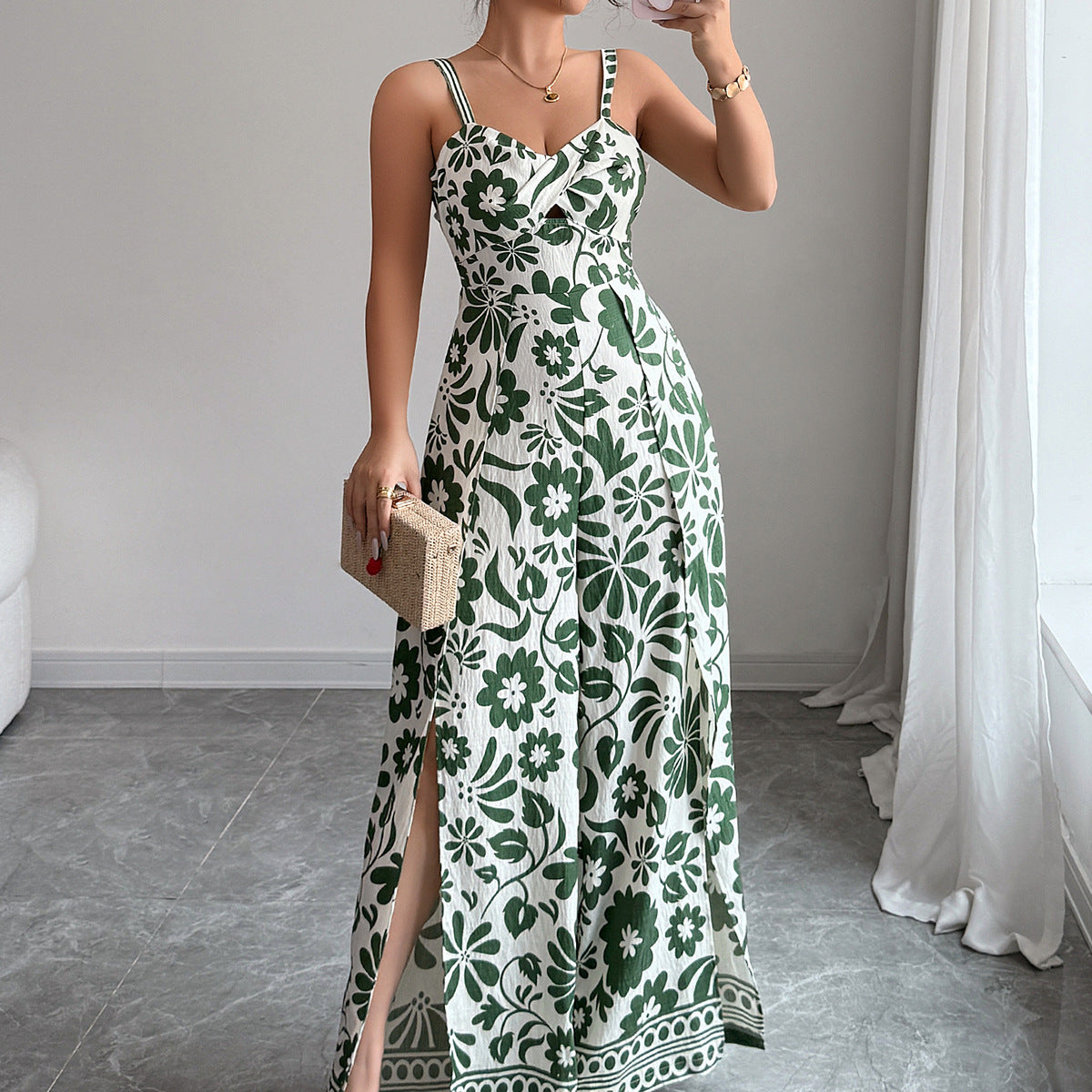 Spring Summer Elegant Twist Print Sling Wide Leg One Piece Long Pants Women Clothing by Ragazza