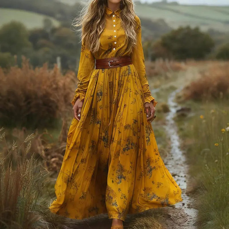 Spring Autumn Retro Lapels Women Long Sleeve Printing Mid Length Dress