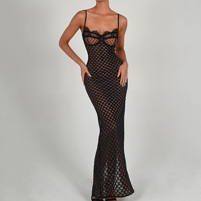 Autumn Sexy Suspender Tight Dress Lace Backless Split Polka Dot Dress DestGlow
