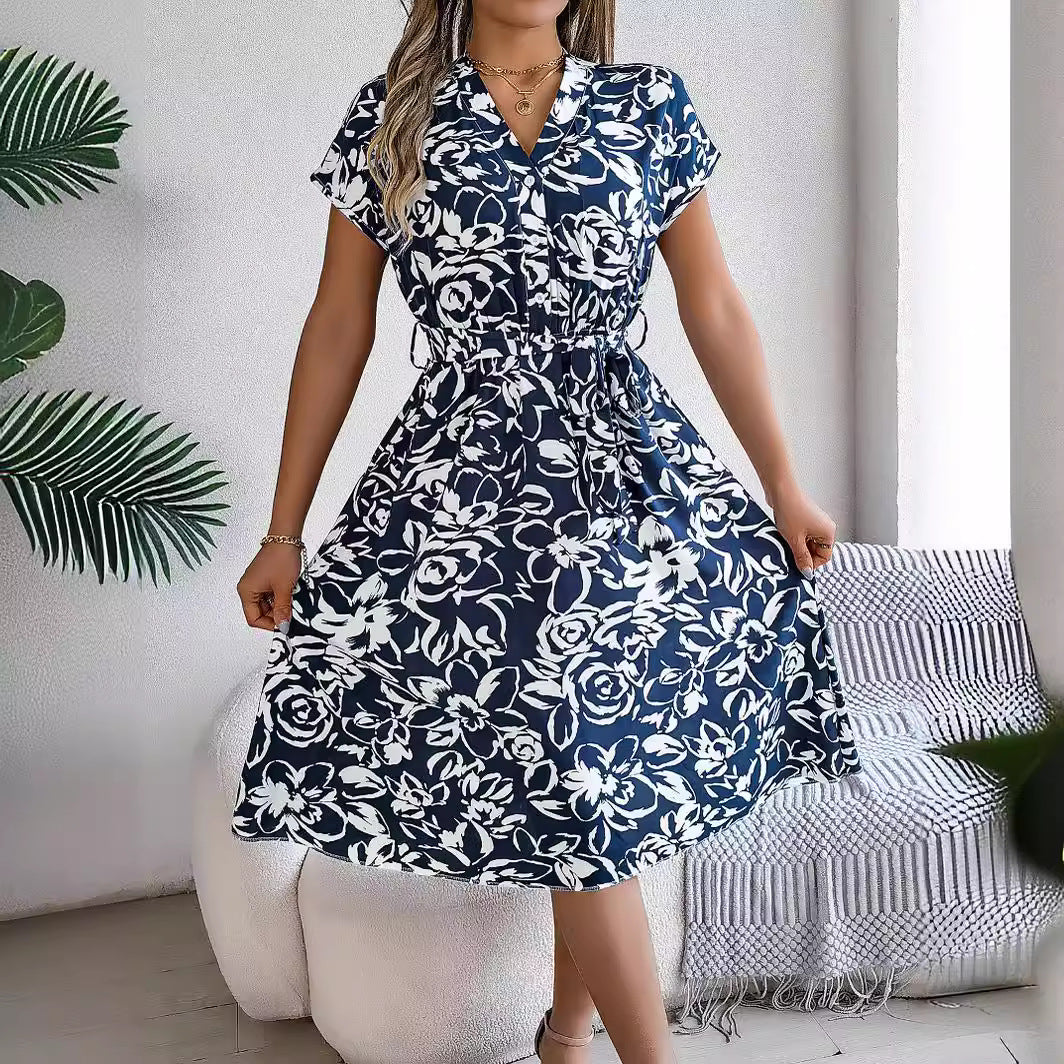 Spring Summer Casual V neck Buttons Batwing Sleeve Floral Swing Dress Women Clothing by Ragazza