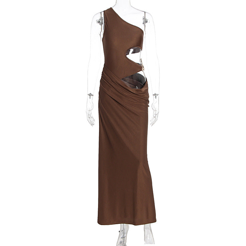 Women Dress Diagonal Collar Sleeveless High Grade Pleated Dress by Ragazza