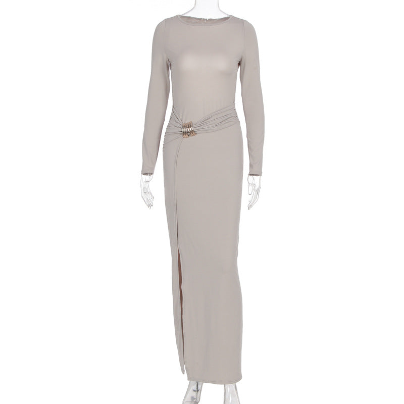 Women Maxi Dress Crew Neck Split Long Sleeve Autumn Dress by Ragazza
