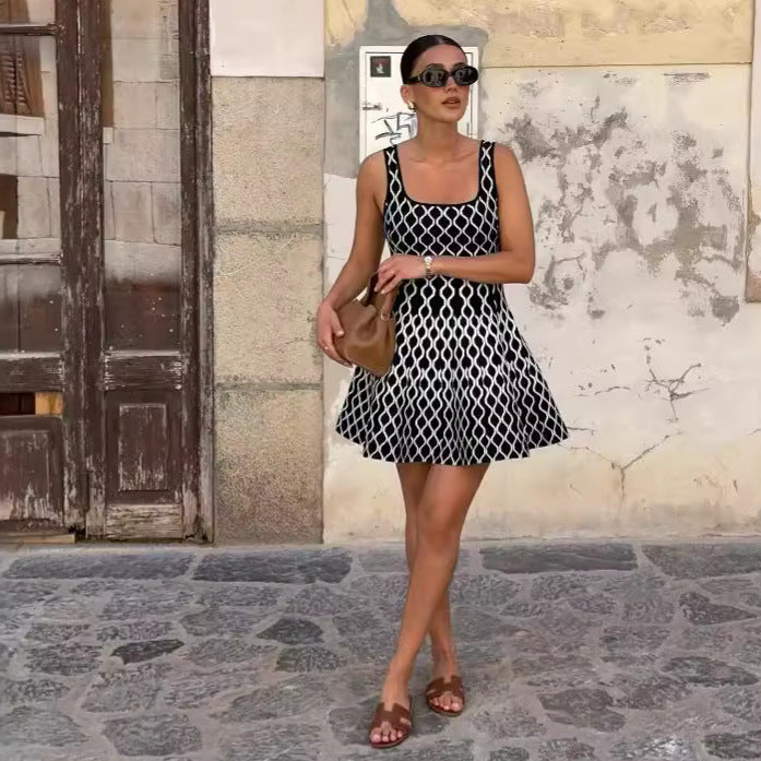 Spring Summer Contrast Color Water Ripple A Line Short Dress Inner Wear Fitted Waist Vest Base Knitting Dress Women by Ragazza