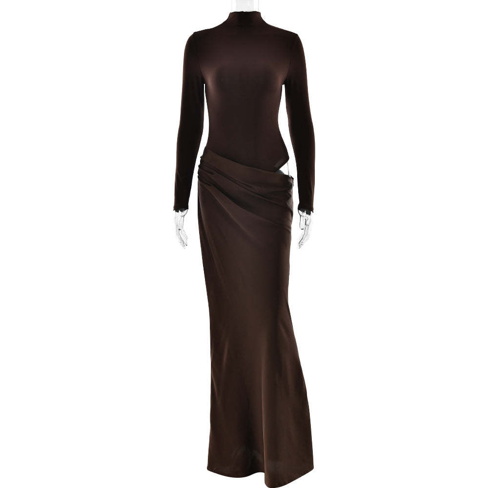 Summer Half High Collar Long Sleeves Dress Sexy Slim Fit Faux Two Piece Solid Color Dress by Ragazza