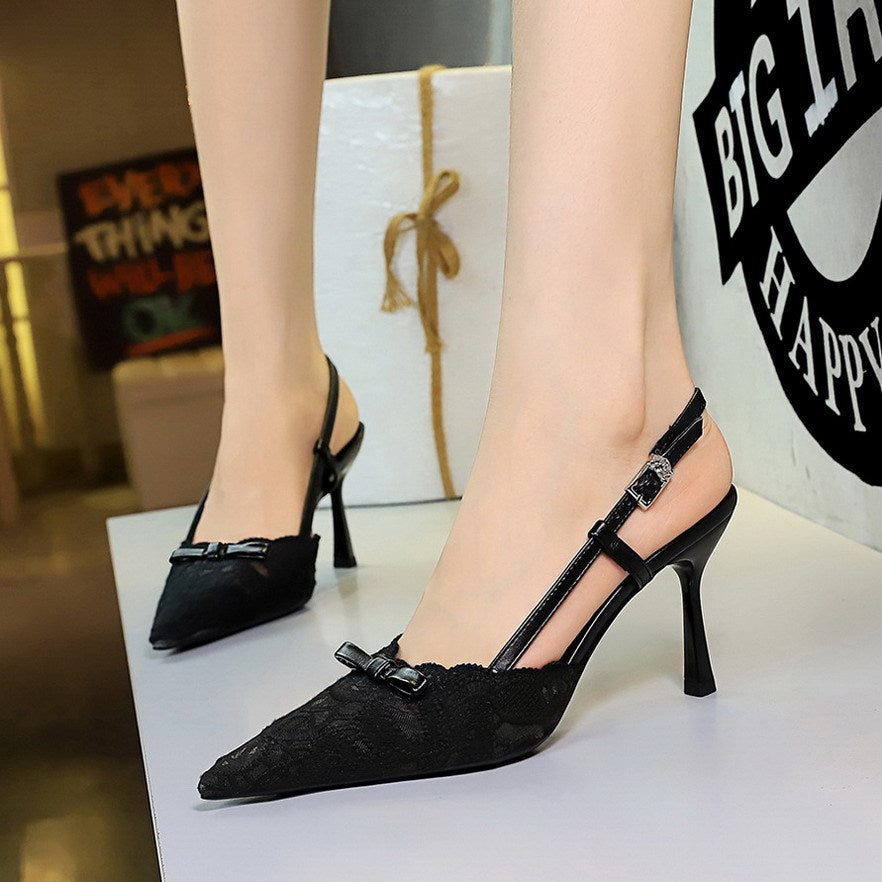 French Ladies Bow Stiletto Heel High Heels Women Sexy Lace Mesh Pointed Toe Buckle DestGlow