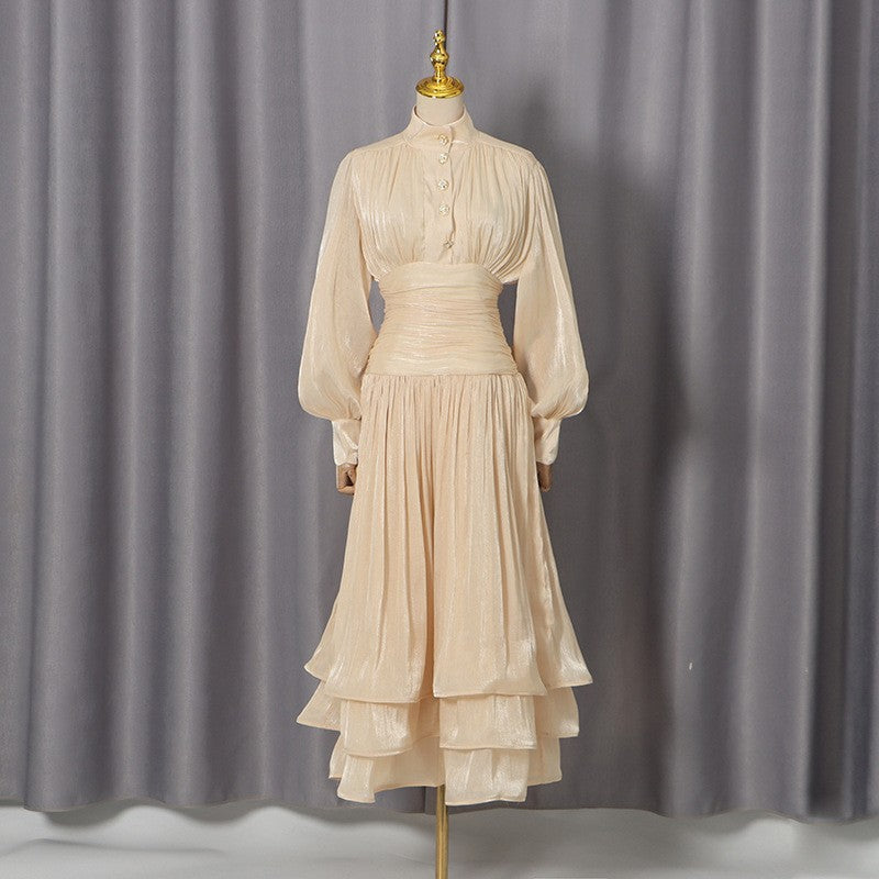 Spring Elegant Retro Lantern Sleeve Breasted Ruffled Maxi Dress Waist Slimming Dress by Ragazza