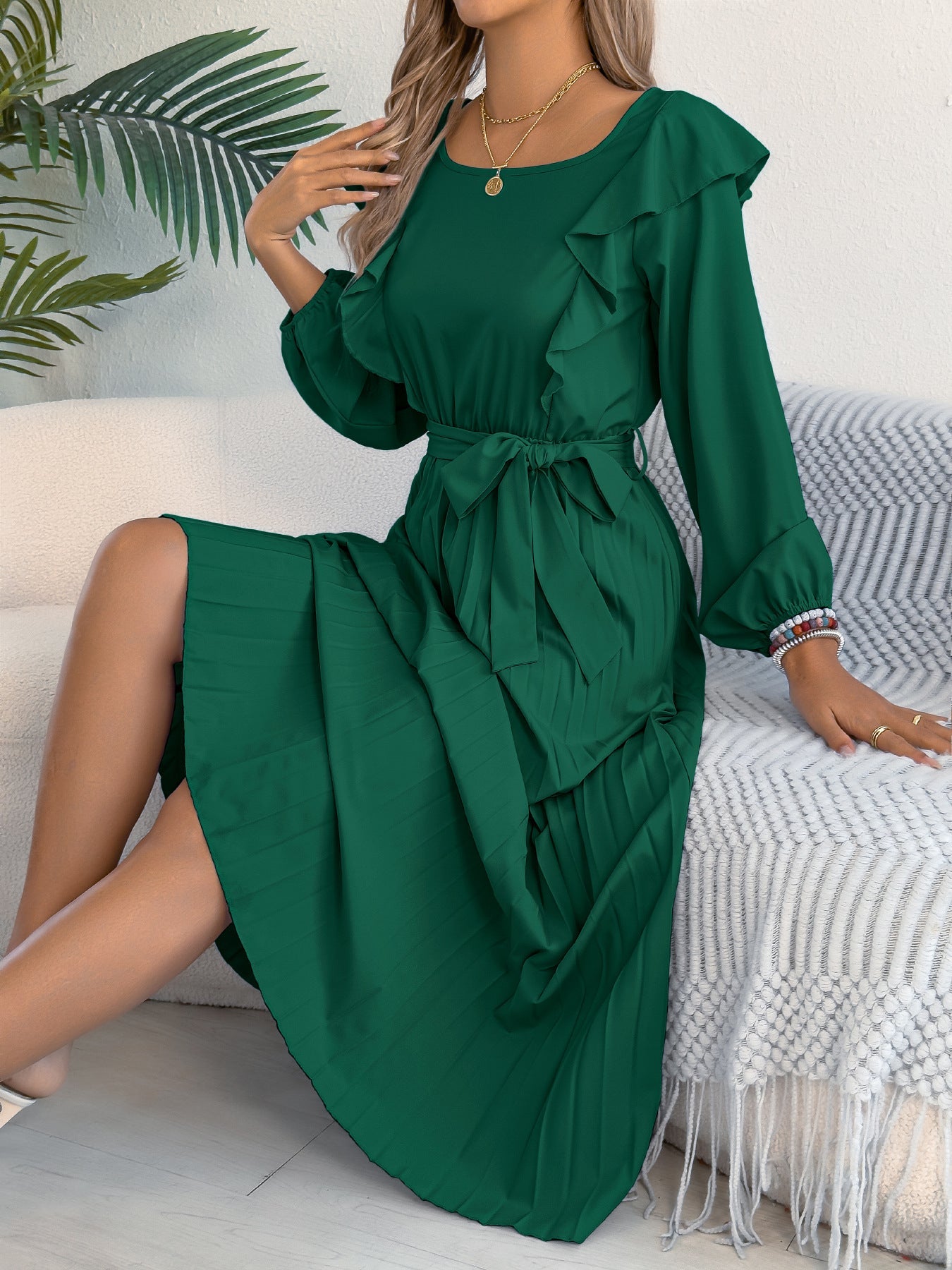 Women Clothing Spring Summer Elegant Ruffled Square Collar Long Sleeve Cinched Pleated Dress by Ragazza