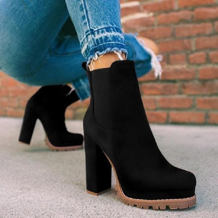 Round Head Leopard Print Chunky Heel Short Knight Boots Women High Heel Elastic Band Sleeve Suede Boots DestGlow