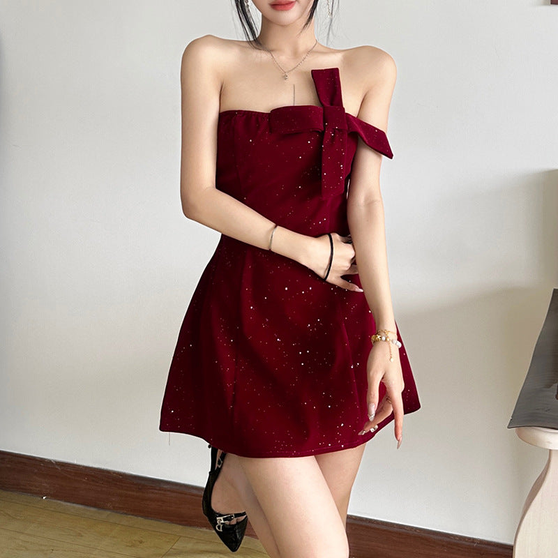 Winter Sexy Slim Fit Backless Tube Top Bowknot Short Dress Solid Color Zipper Sequ Dress by Ragazza