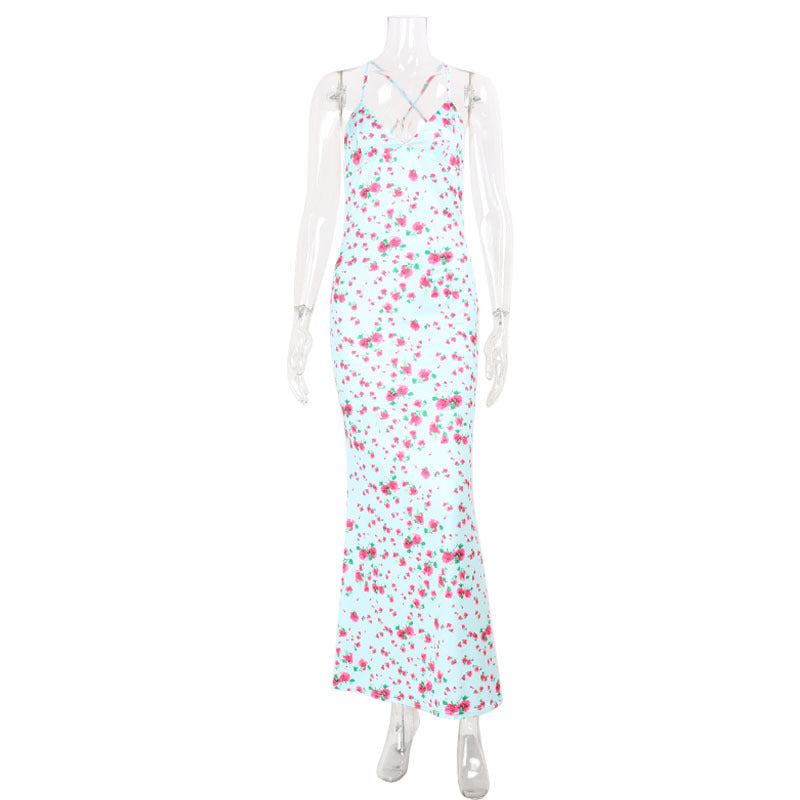 Spring Summer Waist Slimming Elegant Floral Strap Dress Deep V Plunge Vacation by Ragazza