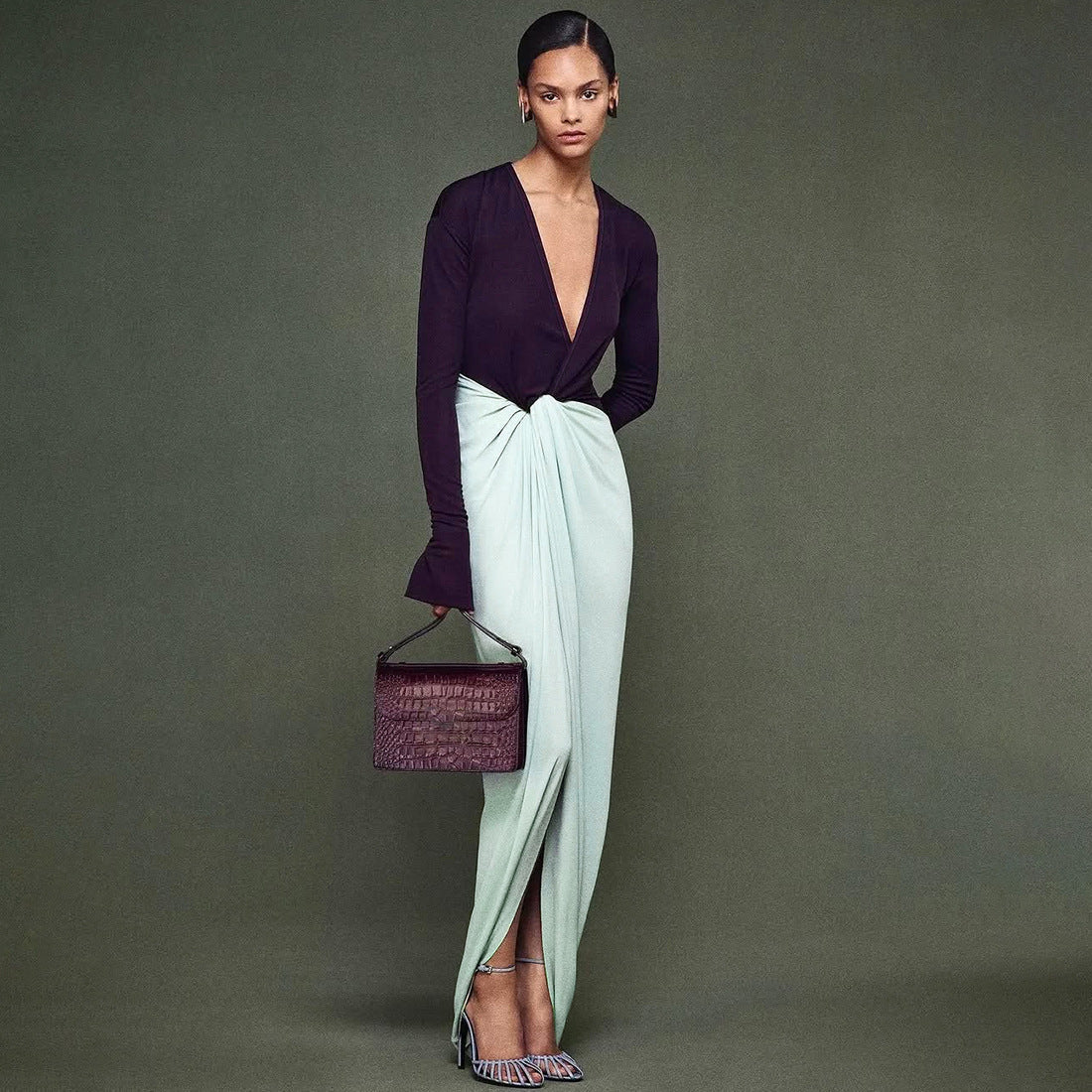 Autumn Winter Women Clothing Fashionable Elegant Deep V Plunge neck Long Sleeve Split Maxi Dress Women