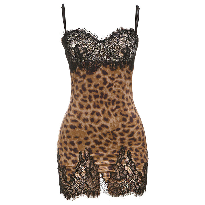 Summer Women Clothing Sexy Leopard Print Slim Fit Backless Lace Splicing Sling Dress by Ragazza