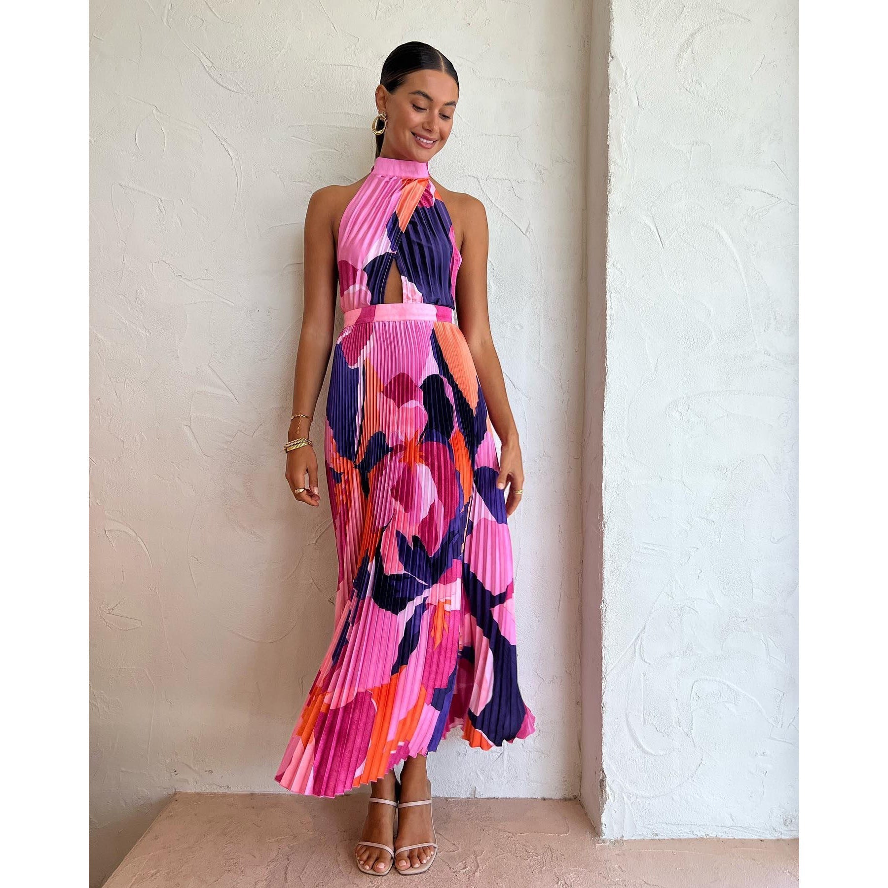 Spring Summer Halter Pleated Dress Casual Loose Vacation Women Clothing Dress DestGlow